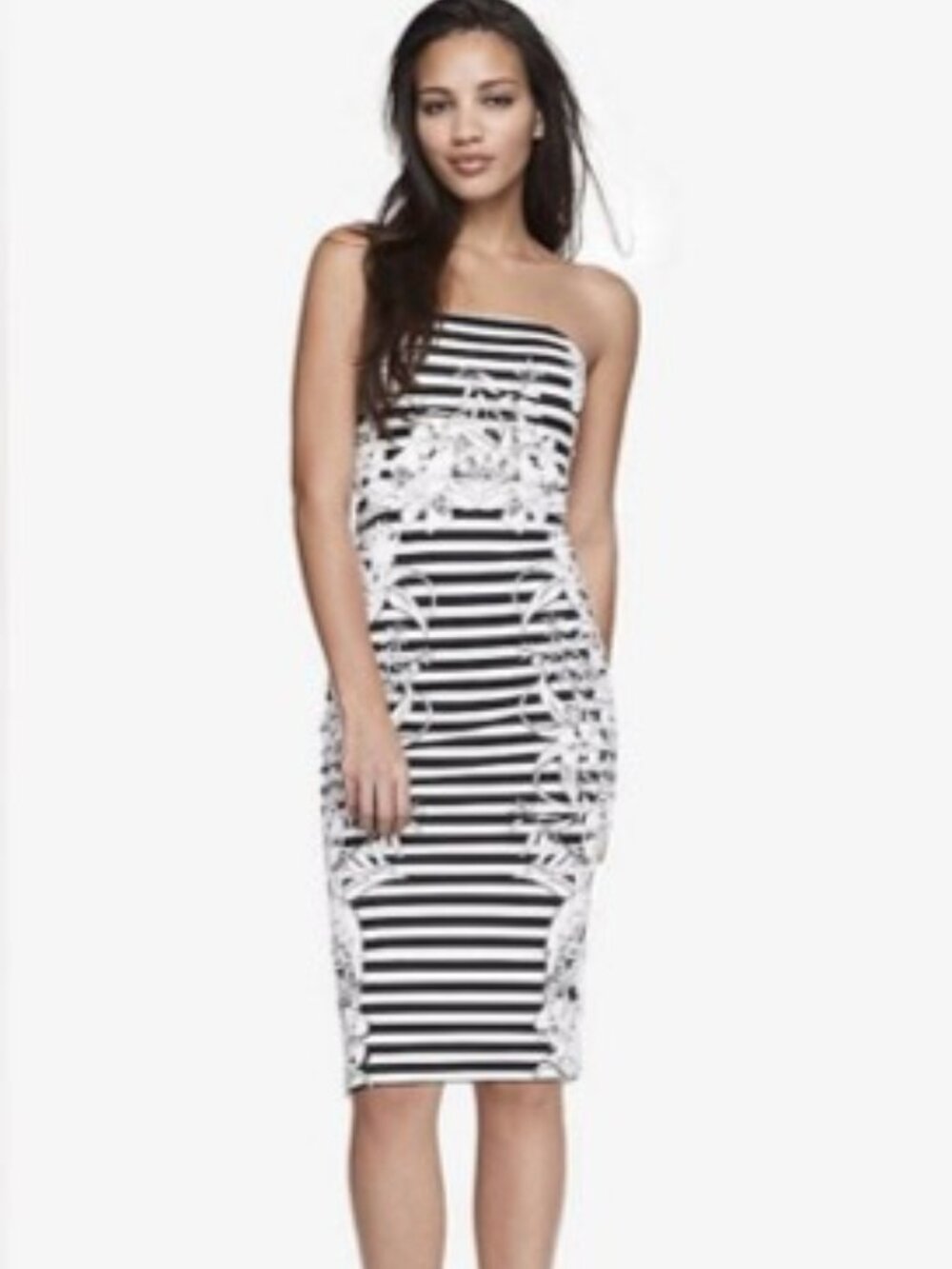 Express Floral Stripe Bodycon Dress Strapless Mini Black White Size: 0
